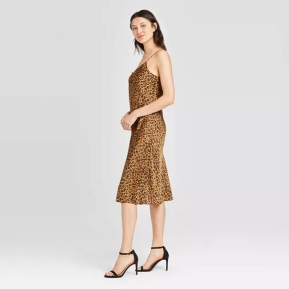 Women's Satin Leopard Midi Slip Dres XS New - Picture 3 of 7